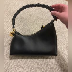 🖤 Aupen Black Leather Shoulder Bag with Braided Handle